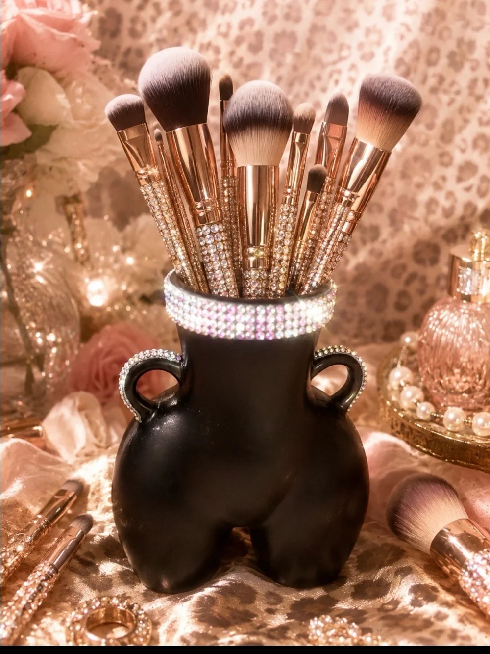 Luxury Rose Gold Makeup Brush Set with Black Rhinestone Holder
